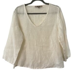 FLAX Pullover V Neck 3/4 Sleeve Linen Shirt in White Ivory Size Small